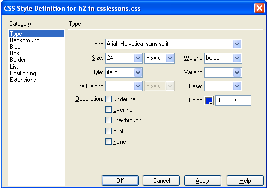 CSS Style Definition Window