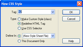 New CSS Style dialog box